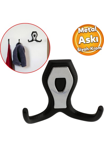Galata Askı Vestiyer Mobilya Duvar Askısı Metal Dolap Elbise Askılığı Siyah Renk Krom Kapaklı