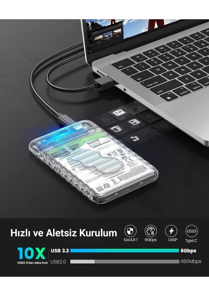 Usb3.2 Gen2 6gbps Type-C 2.5” Inch Sata SSD Hard Disk Kutusu Şeffaf