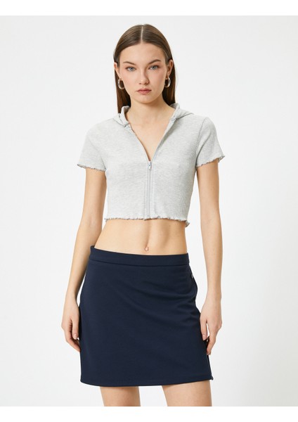 Fermuarlı Crop Tişört Uzun Kollu Slim Fit