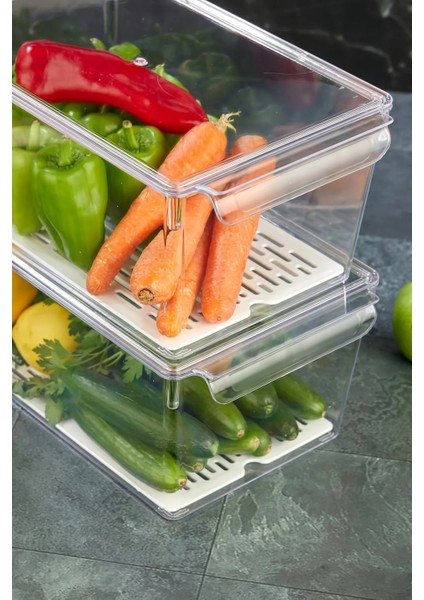 2 Adet Süzgeçli Kapaklı Buzdolabı Düzenleyici Buzdolabı Içi Düzenleyici Organizer 14 x 32,5 x 20 cm