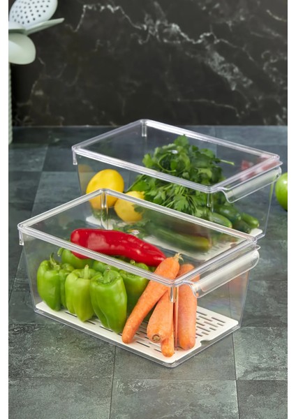 2 Adet Süzgeçli Kapaklı Buzdolabı Düzenleyici Buzdolabı Içi Düzenleyici Organizer 14 x 32,5 x 20 cm