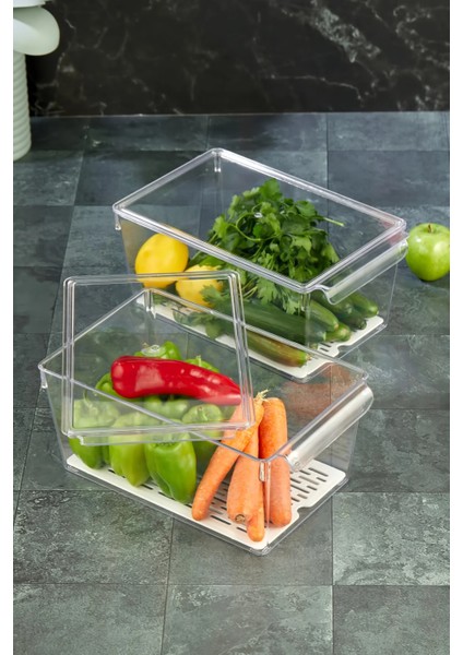 2 Adet Süzgeçli Kapaklı Buzdolabı Düzenleyici Buzdolabı Içi Düzenleyici Organizer 14 x 32,5 x 20 cm