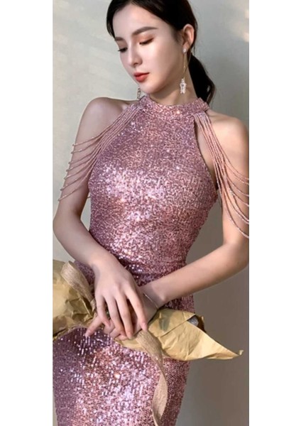 Hilaltrend Halter Yaka Taş Detaylı Pullu Abiye Elbise fiyatları