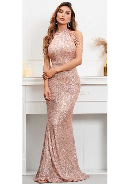 Halter Yaka Taş Tasarımlı Pul Payet Işlemeli Abiye Elbise