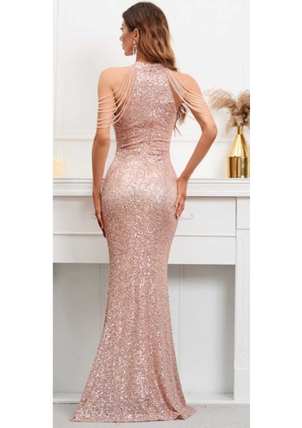 Halter Yaka Taş Tasarımlı Pul Payet Işlemeli Abiye Elbise fiyatları