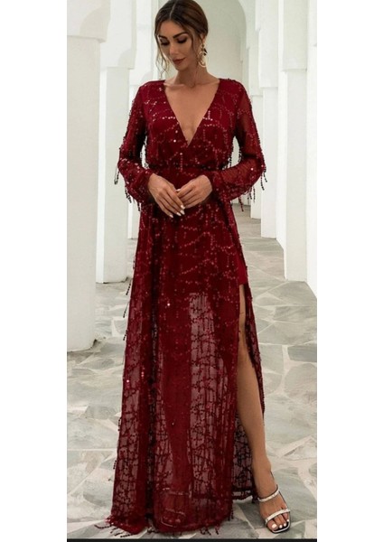 Hilaltrend Uzun Kol Saçaklı Payet Abiye Elbise fırsatları