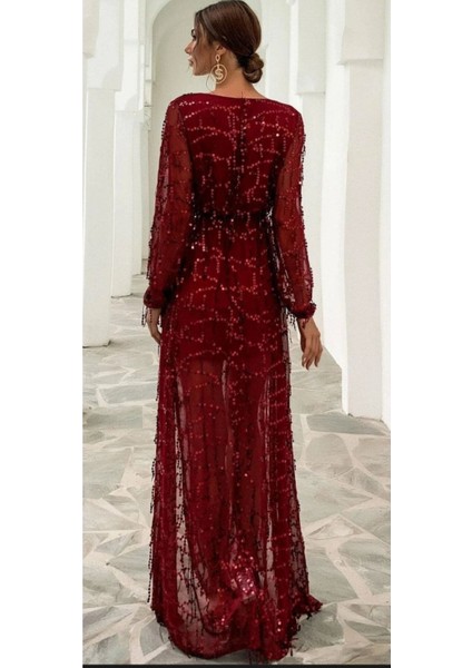 Hilaltrend Uzun Kol Saçaklı Payet Abiye Elbise indirimleri