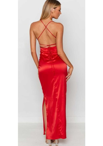 Sırt Dekolteli Çift Yırtmaçlı Saten Elbise