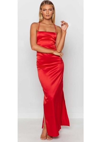 Sırt Dekolteli Çift Yırtmaçlı Saten Elbise indirimleri