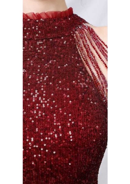 Halter Yaka Asimetrik Taş Tasarımlı Pullu Abiye Elbise modelleri