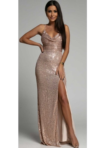 Büzgü Detaylı Degaje Yaka Abiye Elbise