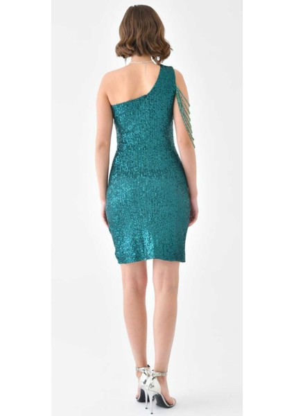 Tek Omuz Taş Tasarımlı Pul Payet Işlemeli Mini Elbise fiyatları