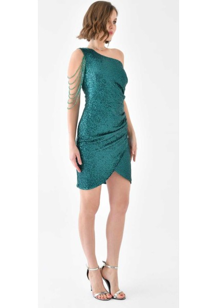 Tek Omuz Taş Tasarımlı Pul Payet Işlemeli Mini Elbise modelleri