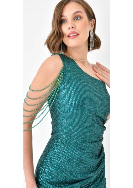 Tek Omuz Taş Tasarımlı Pul Payet Işlemeli Mini Elbise indirimleri