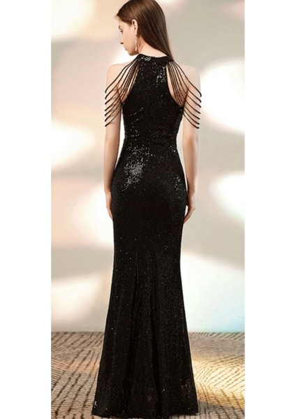 Hilaltrend Halter Yaka Taş Detaylı Pullu Abiye Elbise