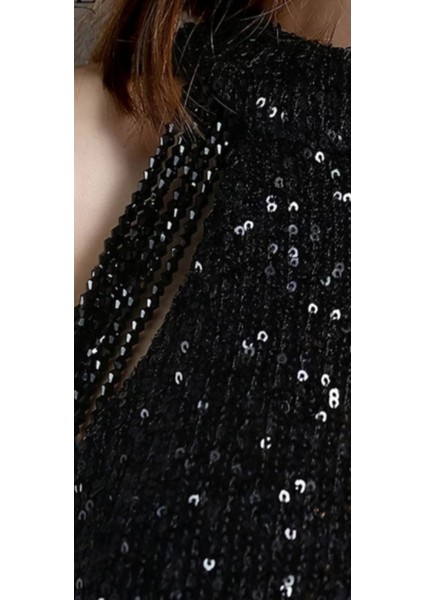 Hilaltrend Halter Yaka Taş Detaylı Pullu Abiye Elbise