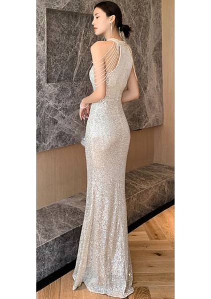 Hilaltrend Halter Yaka Taş Detaylı Pullu Abiye Elbise fiyatları