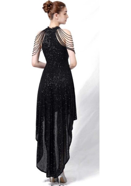 Halter Yaka Asimetrik Taş Tasarımlı Pullu Abiye Elbise fırsatları