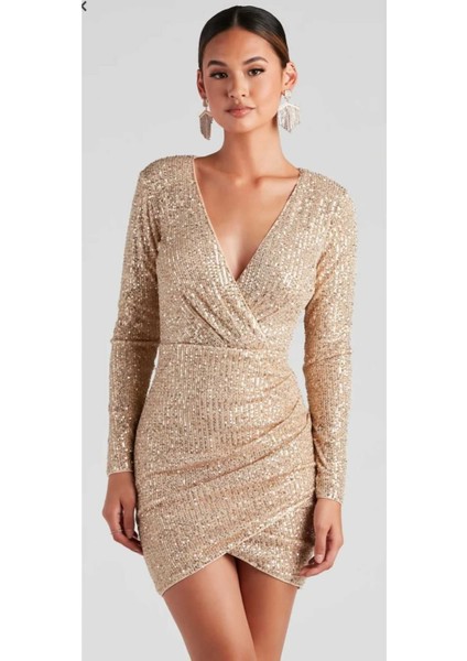 Hilaltrend Kruveze Yaka Uzun Kollu Mini Elbise fiyatları