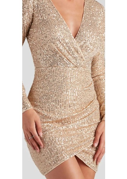 Hilaltrend Kruveze Yaka Uzun Kollu Mini Elbise modelleri