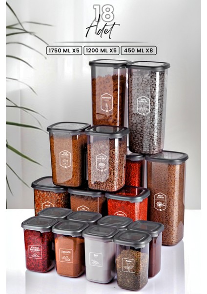 18'li Etiketli Modernity Kare Erzak Saklama Kabı Seti (1750ML X5-1200ML X5-450ML X8 ) Baharatlık