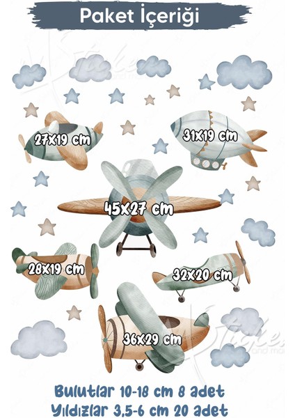 Pastel Tonlarda Planör Uçak Balon ve Bulutlar Yıldızlar Çocuk Bebek Odası Duvar Cam Dolap Sticker modelleri