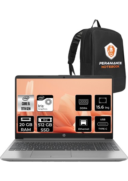 Hp 250 G8 Intel Core I5 1135G7 20GB 512GB SSD 15.6'' Fhd Fdos Taşınabilir Bilgisayar 853U8ES & Per4 Çanta 853U8ESP317