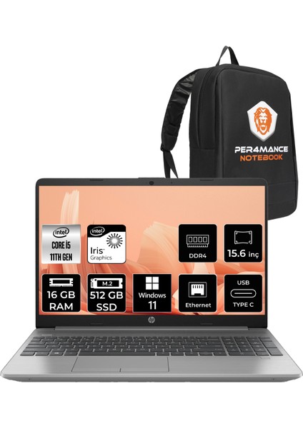 Hp 250 G8 Intel Core I5 1135G7 16GB 512GB SSD 15.6'' Fhd W11H Taşınabilir Bilgisayar 853U8ES & Per4 Çanta 853U8ESP362