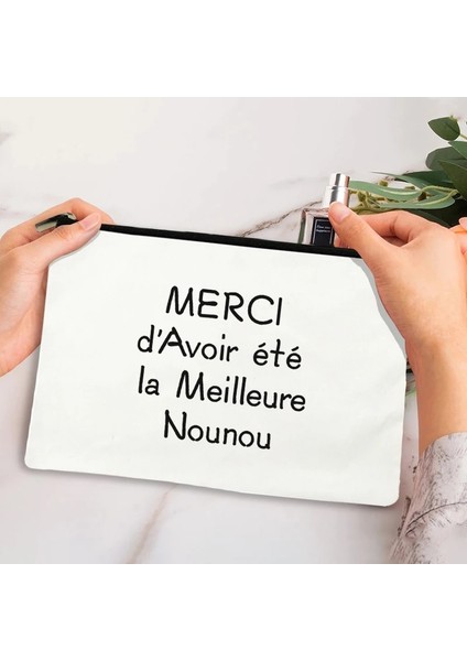 3NOU009 Tarzı Merci Ma Nounou Adorée Baskı Kozmetik Çantası Kadın Neceser Makyaj Çantaları Beyaz Fermuarlı Kese Seyahat Tuvalet Organizatör Nounou Hediyeler (Yurt Dışından)