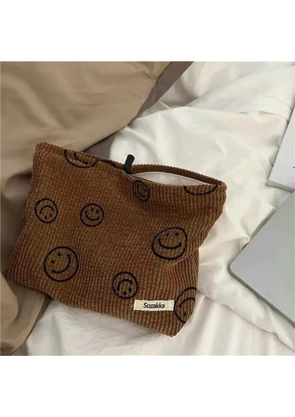 Kahverengi Tarzı Erkekler ve Kadınlar Yeni Saklama Çantası Retro Kadife Gülen Yüz Makyaj Çantası Taşınabilir Büyük Kapasiteli Bozuk Para Cüzdanı Ins Tarzı (Yurt Dışından)