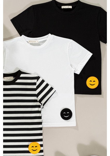 For You Kids 3'Lü Emoji Detaylı Siyah Beyaz Çizgili Erkek Çocuk Tshirt