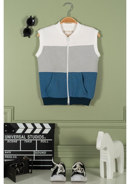 Fermuarlı Garnili Kanguru Cep Mavi Kız Çocuk Yelek