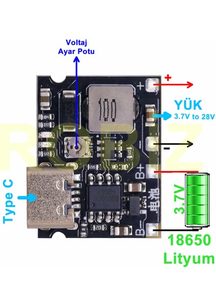 TP4056 18650 Lityum Pil Şarj Modül Type C Ayarlı Voltaj Yükseltici Lion Batarya Akü Dc 3.7V To 28V
