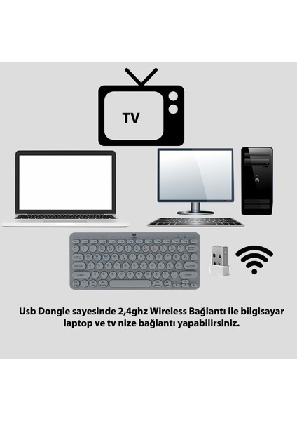 BT-K95 2,4ghz Wireless + Bluetooth  Kablosuz Klavye Gri Çift Modlu