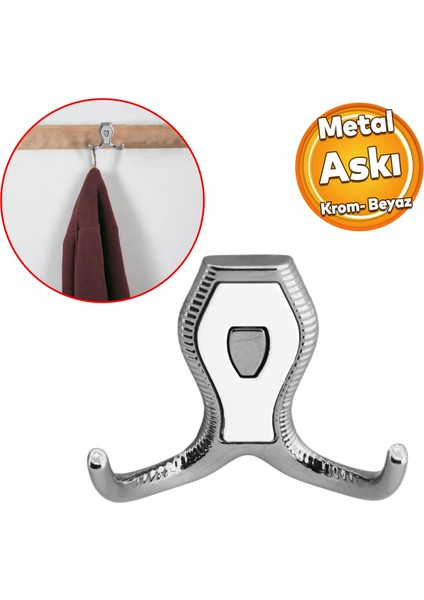 Galata Askı Vestiyer Mobilya Duvar Askısı Metal Dolap Elbise Askılığı Krom Renk Beyaz Kapaklı
