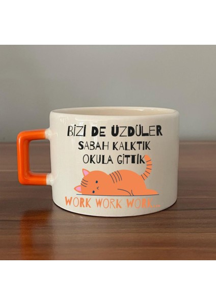 Bizi De Üzdüler Turuncu Kedi Baskılı Turuncu Kulplu C Fincan