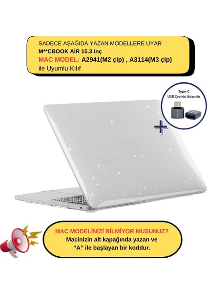 Macbook Air Kılıf 15 inç M2-M3, Simli Kristal Parlak (TouchID'li Air 15.3") A2941 A3114 ile Uyumlu