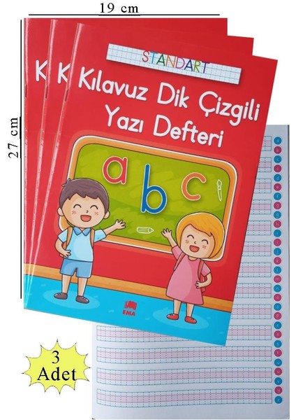 Güzel Yazı Defteri A4 Boy 19 x 2 x 3 Adet Standart Dik Çizgili Yazı Defteri Dik Temel Harflerle 1 Sınıf