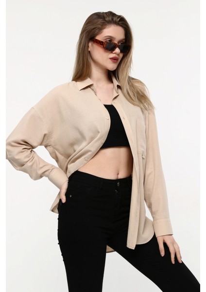 Kadın Oversize Uzun Basic Gözlük Britli Desenli Linen Look Gömlek