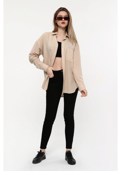 Kadın Oversize Uzun Basic Gözlük Britli Desenli Linen Look Gömlek