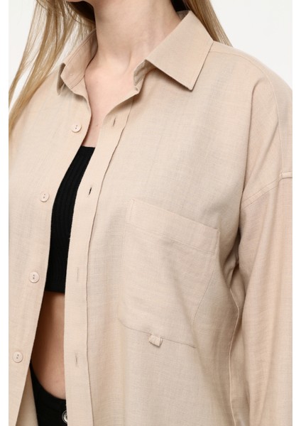 Kadın Oversize Uzun Basic Gözlük Britli Desenli Linen Look Gömlek
