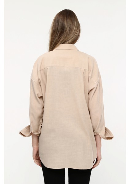 Kadın Oversize Uzun Basic Gözlük Britli Desenli Linen Look Gömlek