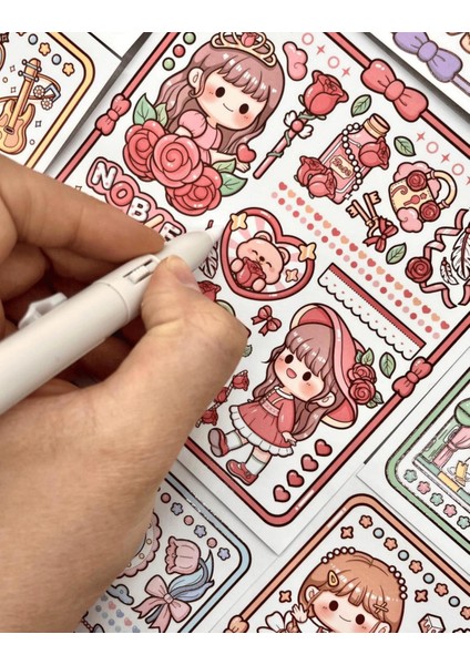 Sevimli Kız ve Ayı Pembe Kutu Sticker Çıkartma Defter Süsleme Bullet Journal Scrapbook