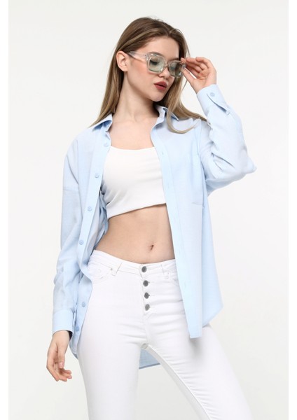 Kadın Oversize Uzun Basic Gözlük Britli Desenli Linen Look Gömlek