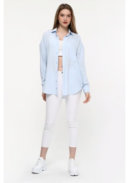 Kadın Oversize Uzun Basic Gözlük Britli Desenli Linen Look Gömlek