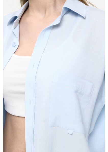 Kadın Oversize Uzun Basic Gözlük Britli Desenli Linen Look Gömlek