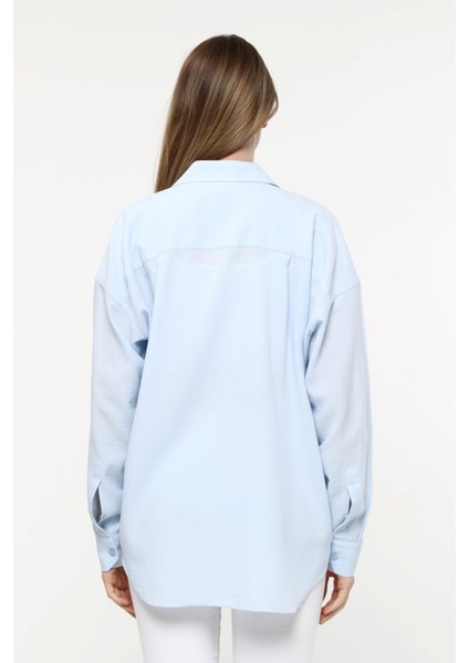 Kadın Oversize Uzun Basic Gözlük Britli Desenli Linen Look Gömlek
