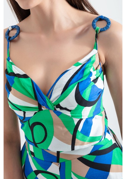 Kadın Yeşil Askılı Desenli Crop Bluz