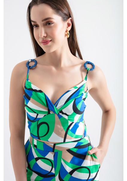 Kadın Yeşil Askılı Desenli Crop Bluz