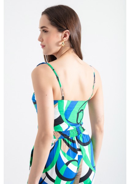 Kadın Yeşil Askılı Desenli Crop Bluz
